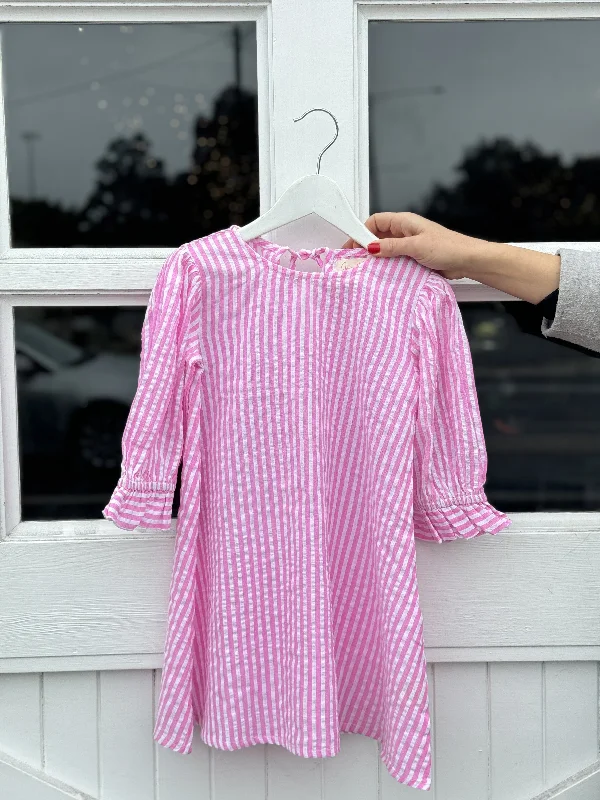 Grace and May Mini Dress Pink Stripe Trendy Denim Mini Dress