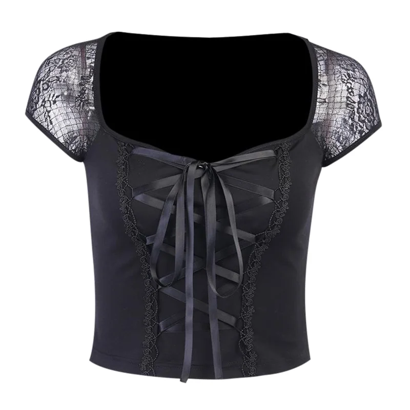 Maxbell Maxbell Vintage Tops Goth T-shirt Women Sexy Bandage Lace T-shirts Gothic Top L-- Embroidered Appliqued Beaded Maxbell Maxbell Vintage Tops Goth T-shirt Women Sexy Bandage Lace T-shirts Gothic Top L-- Embroidered Appliqued Beaded