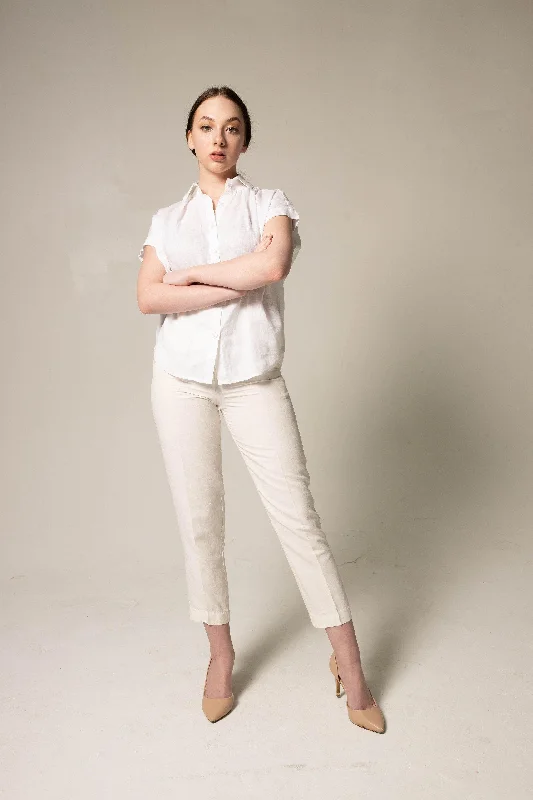Classic Linen White Blouse Stretchy Fitted Blouse