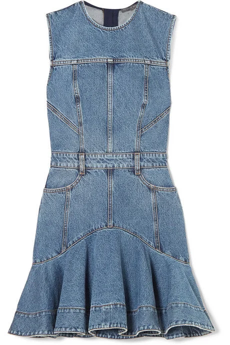 Striped grosgrain-trimmed denim mini dress Fashionable Off-Shoulder Mini Dress