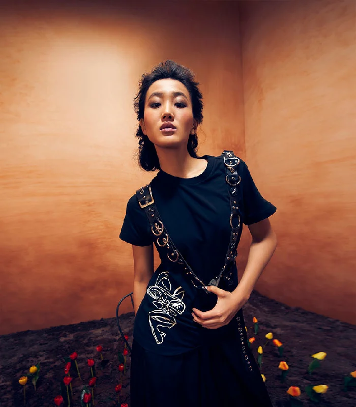 Embroidered Half Sleeve T Shirt-- Denim Fabric Leather Fabric Suede Fabric