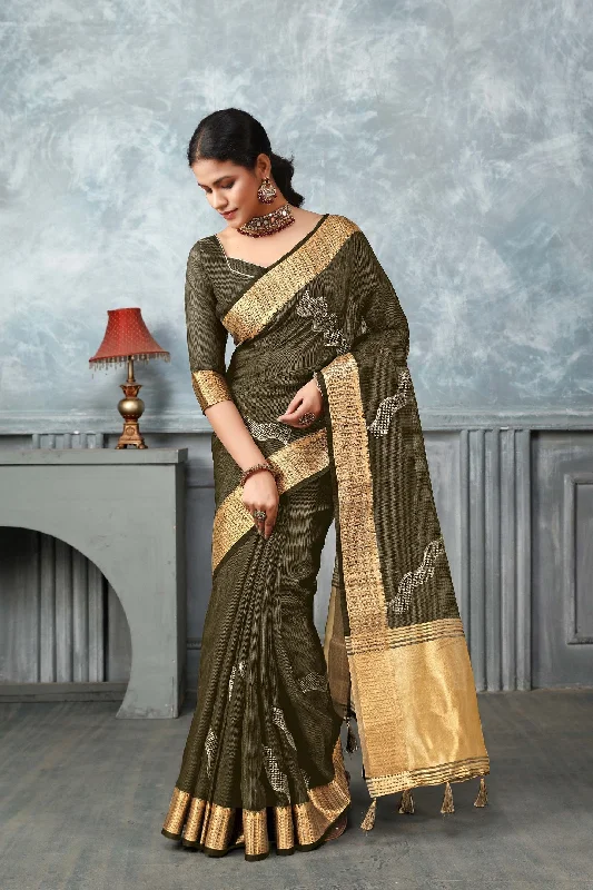 NOZ2TOZ Women's Party Wear Embroidery Worked Tissue Silk Saree With Unstitched Blouse - Mehndi Side Tie Blouse NOZ2TOZ Women's Party Wear Embroidery Worked Tissue Silk Saree With Unstitched Blouse - Mehndi Side Tie Blouse