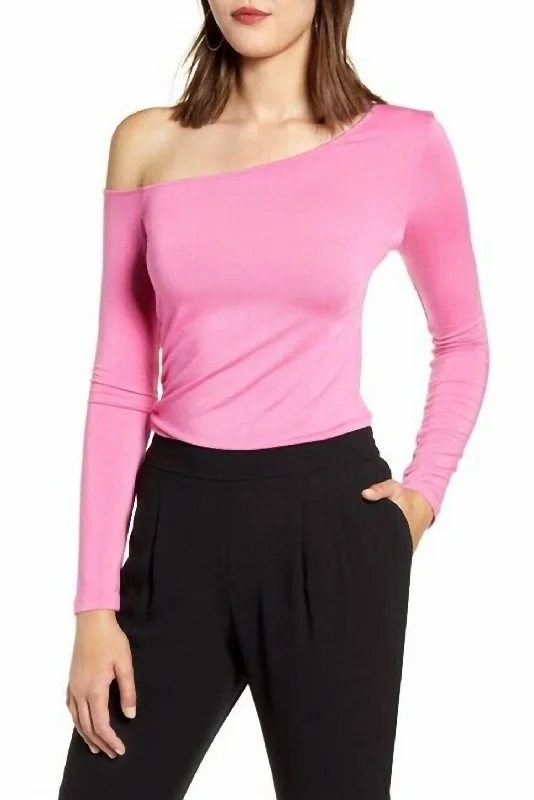 One Shoulder Modal Ruched Side Blouse In Pink Bell Sleeve Blouse
