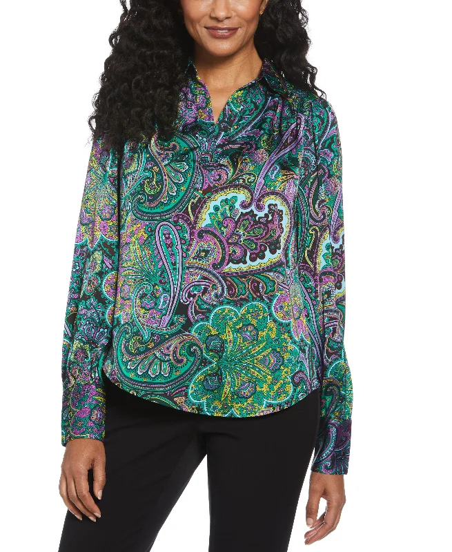 Paisley Print Shine Satin Blouse Elegant Embroidery Blouse