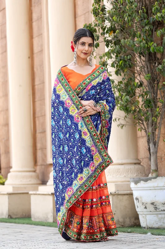 NOZ2TOZ Women's Party Wear Patola Print Chinon Saree With Unstitched Blouse - Blue Floral Chiffon Blouse NOZ2TOZ Women's Party Wear Patola Print Chinon Saree With Unstitched Blouse - Blue Floral Chiffon Blouse