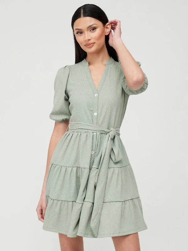 Tiered Button Up Mini Dress - Sage Green. UK 12. V59 Classic Striped Mini Dress