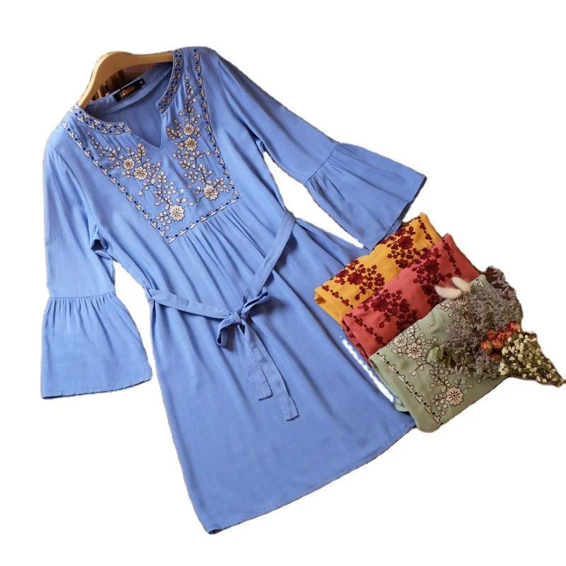 Embroidery Three Quarter Sleeves Elegant Mini Dress Trendy Floral Mini Dress