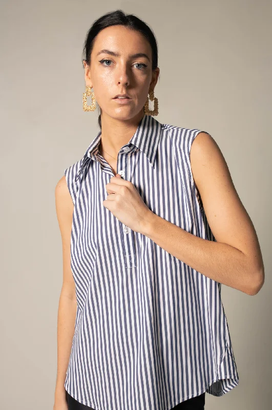 The Olivia Sleeveless Blue Stripe Blouse in Italian Cotton Gathered Detail Blouse