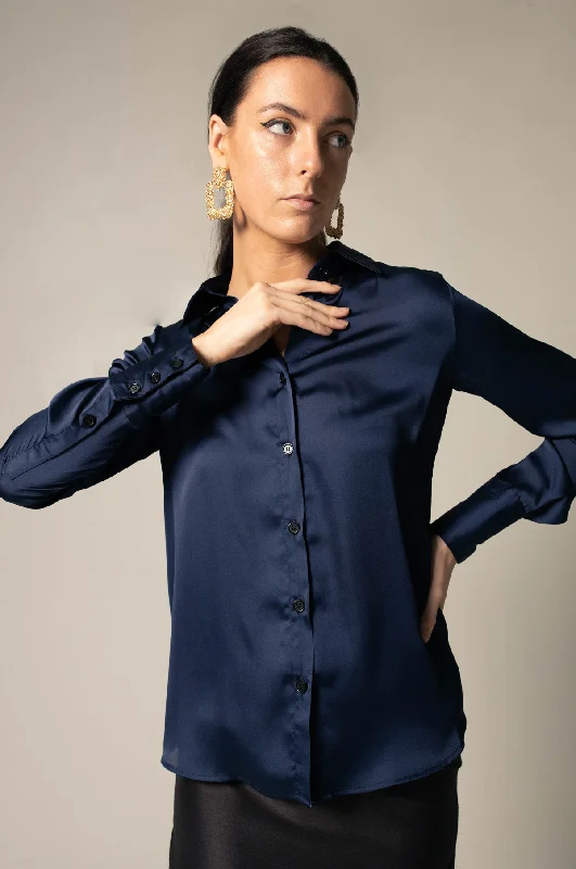 Classy Women Silk Blouse in Royal Blue Elegant Semi-Sheer Blouse