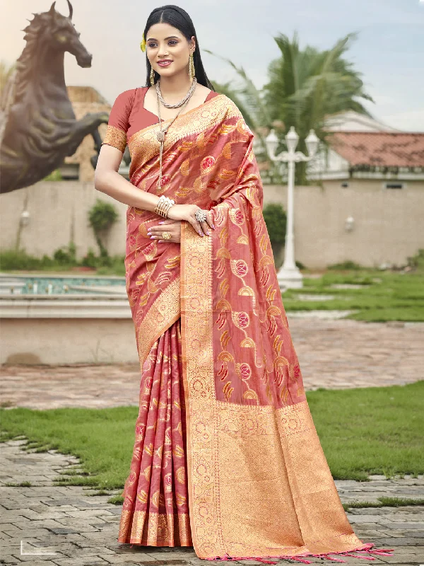 Women Pink Organza Saree With Un Stitched Blouse - Aanika Bell Sleeve Blouse