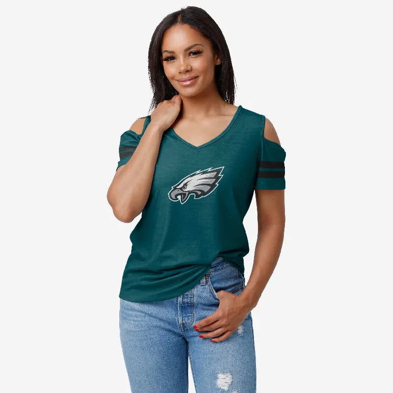 Philadelphia Eagles Womens Cold Shoulder T-Shirt-- Zippered Buttoned Snapped