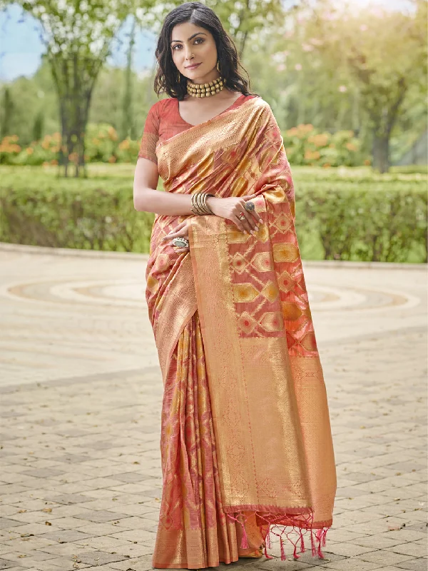 Women Pink Organza Saree With Un Stitched Blouse - Aanika Elegant Office Blouse