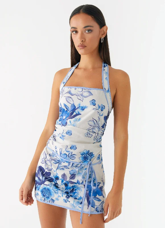 Garden Party Mini Dress - Serene Sky Floral Comfortable Boho Mini Dress