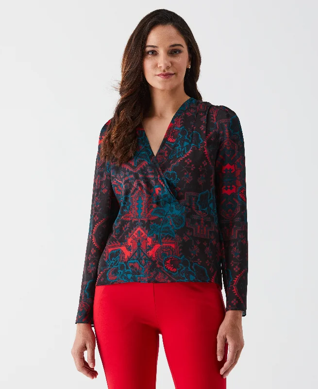 Grand Tapestry Print Cross-Front Blouse Airy Cotton Blouse