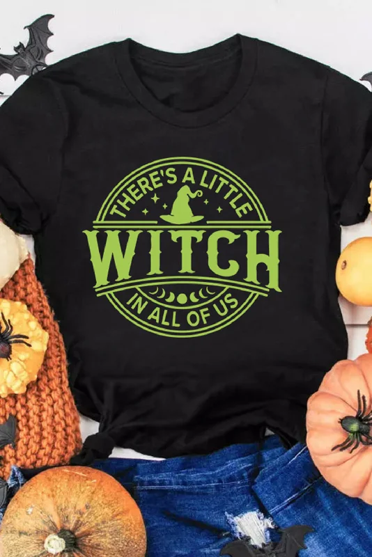 Black WITCH Crew Neck Halloween Graphic T Shirt-- Striped Floral Plaid