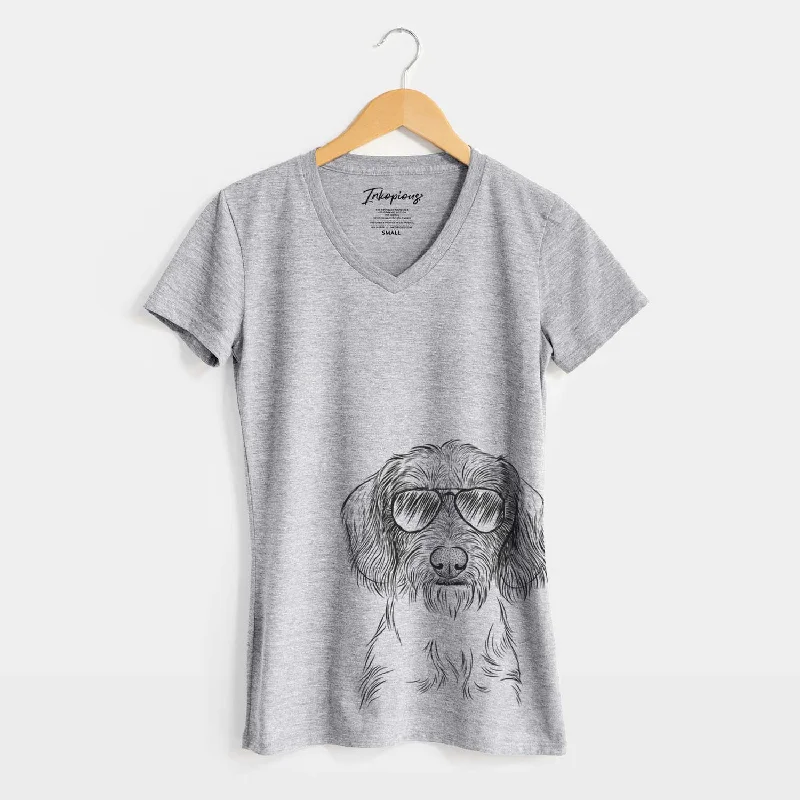 Aviator Almond the Wirehaired Dachshund - Women's V-neck Shirt-- Cotton Fabric Linen Fabric Terry Fabric Aviator Almond the Wirehaired Dachshund - Women's V-neck Shirt-- Cotton Fabric Linen Fabric Terry Fabric