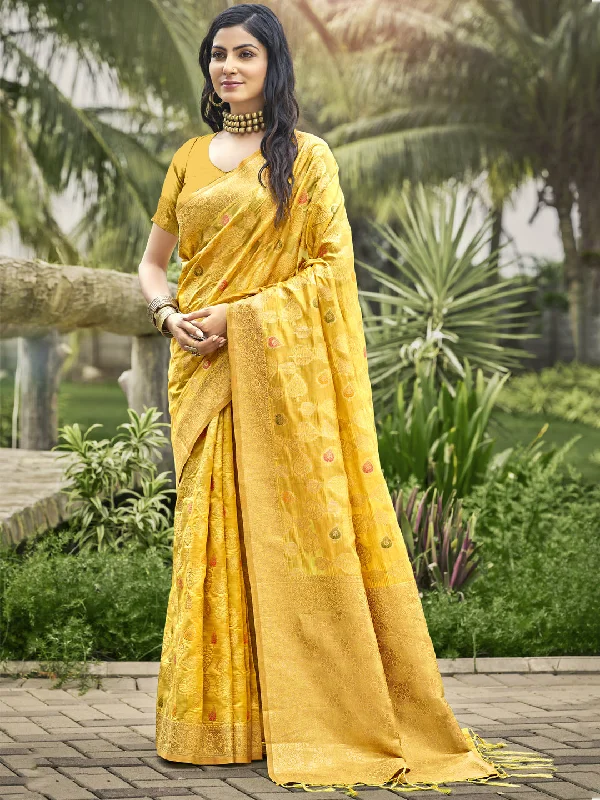 Women Yellow Organza Saree With Un Stitched Blouse - Aanika Oversized Silk Blouse