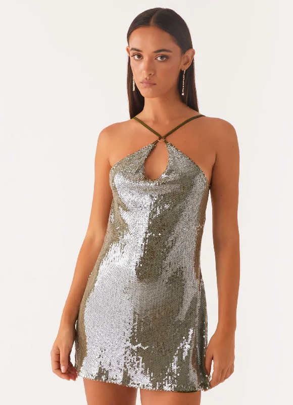 Radiant Energy Cowl Back Mini Dress - Olive Fashionable A-Line Mini Dress