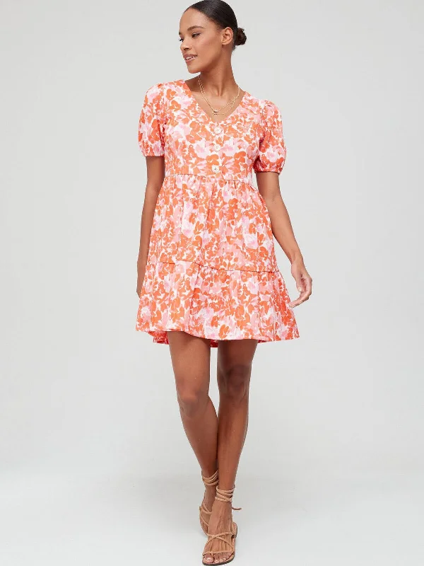 Womens Button Tiered Crinkle Mini Dress – Peach Print. UK 12 **** Ref V528 Elegant Satin Lace Mini Dress