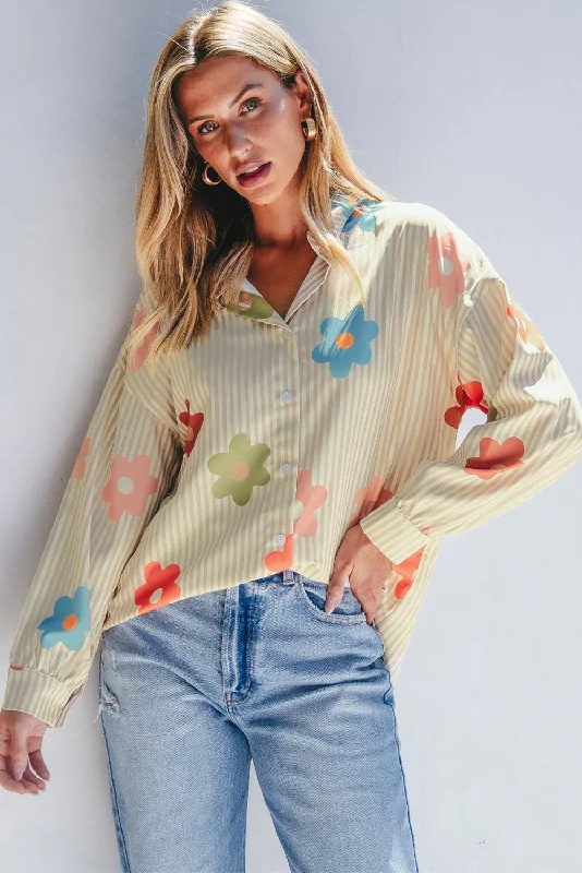 Apricot Stripe Flower Print Collared Button-up Loose Fit Shirt-- Terry Blend Velvet Blend Canvas Blend Apricot Stripe Flower Print Collared Button-up Loose Fit Shirt-- Terry Blend Velvet Blend Canvas Blend