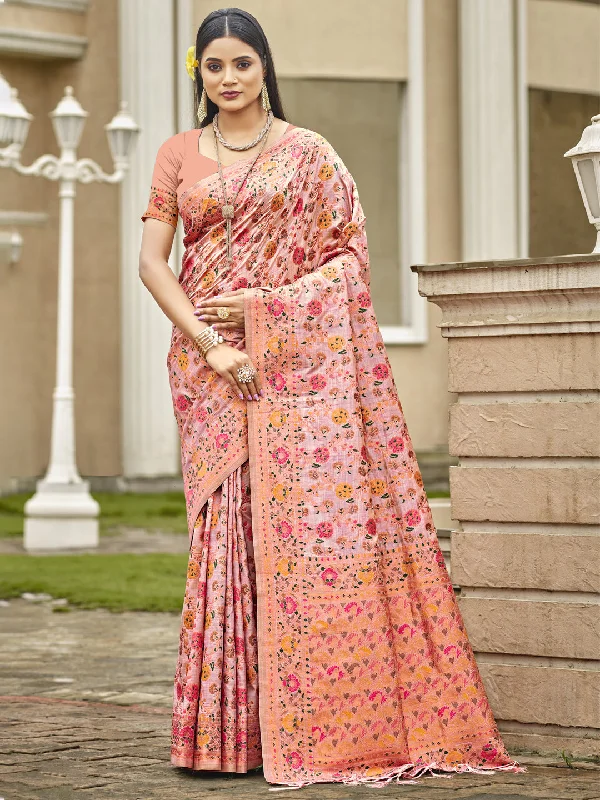Women Pink Silk Saree With Un Stitched Blouse - Aanika Embellished Collar Blouse