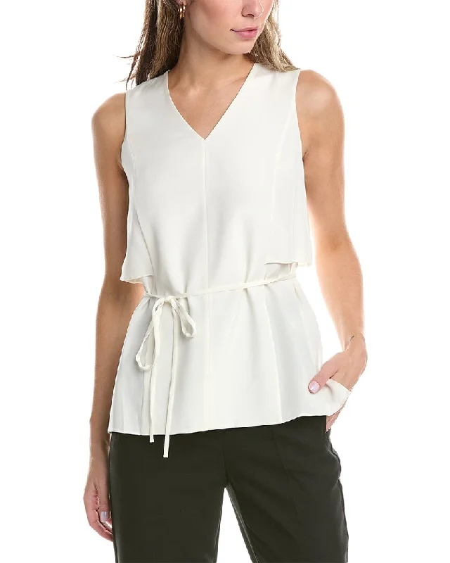 Lafayette 148 New York Double Layer Silk-Blend Blouse Ruched Sleeve Blouse