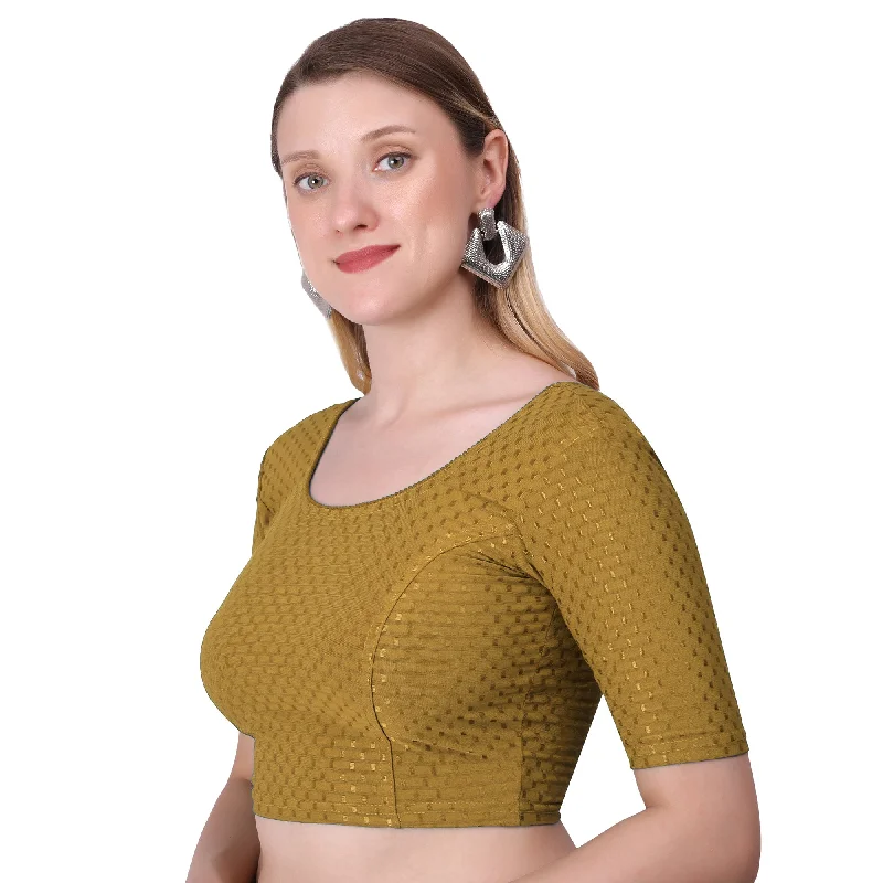 Vamika Cotton Lycra Stretchable Fabric Gold Stretchable Blouse Pleated Collar Blouse Vamika Cotton Lycra Stretchable Fabric Gold Stretchable Blouse Pleated Collar Blouse