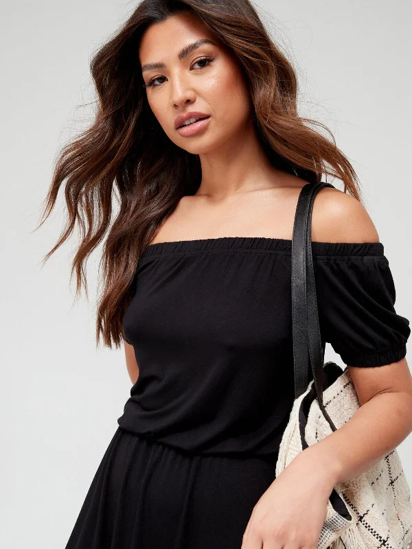 Womens Bardot Frill Mini Dress - Black. UK 12. V73 Stylish Ruffle Mini Dress