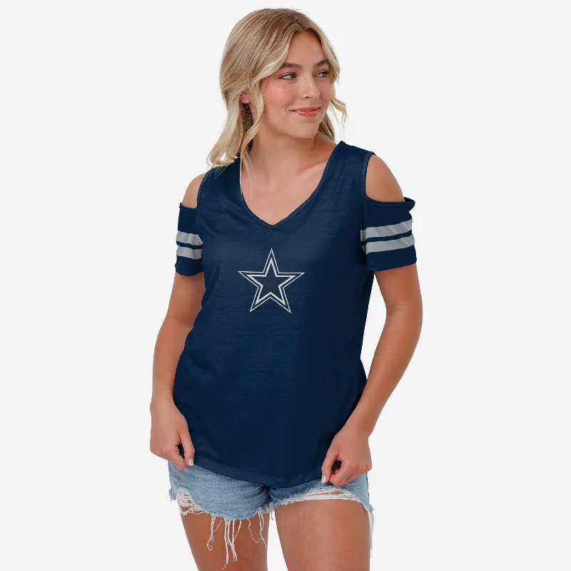 Dallas Cowboys Womens Cold Shoulder T-Shirt-- Collared Crew Neck Turtle Neck