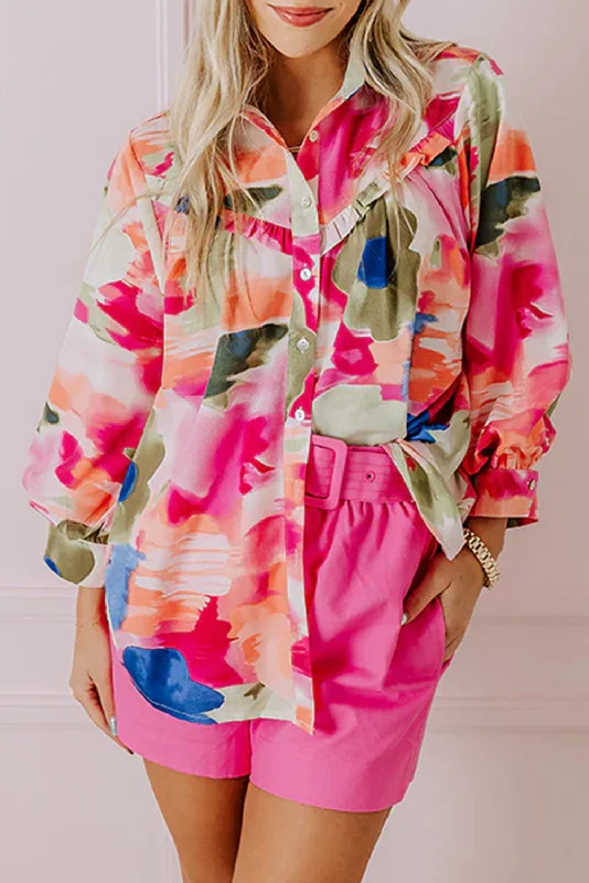 Rose Abstract Print Ruffled Puff Sleeve Shirt-- Notch Collar Peter Pan Collar Cowl Neck Rose Abstract Print Ruffled Puff Sleeve Shirt-- Notch Collar Peter Pan Collar Cowl Neck