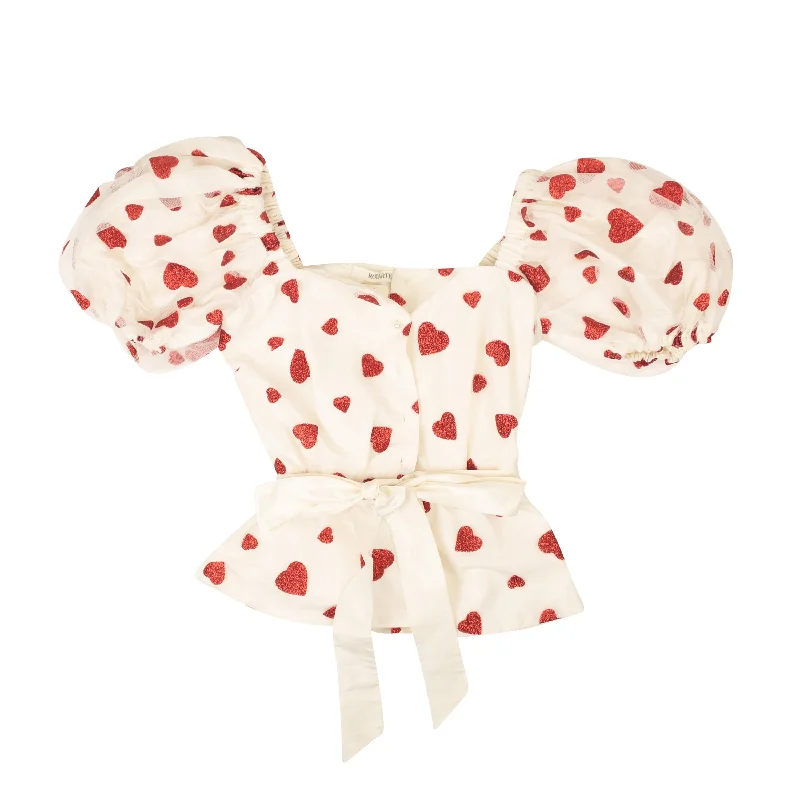 RODARTE White & Red Damaged Glitter Heart Cinched Blouse Double Button Blouse