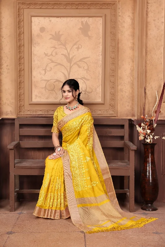NOZ2TOZ Women's Party Wear Embroidery Worked Cotton Saree With Unstitched Blouse - Yellow Polished Work Blouse NOZ2TOZ Women's Party Wear Embroidery Worked Cotton Saree With Unstitched Blouse - Yellow Polished Work Blouse