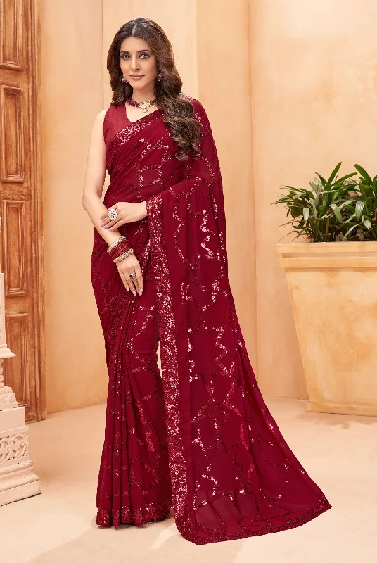 Sonakshi Women's Maroon Faux Blooming Sequins Work Designer Saree with Blouse Relaxed Fit Blouse Sonakshi Women's Maroon Faux Blooming Sequins Work Designer Saree with Blouse Relaxed Fit Blouse