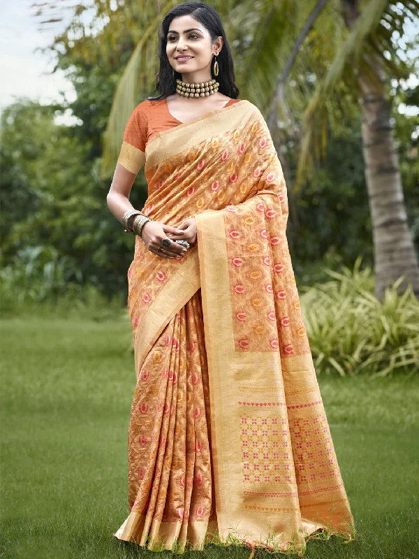 Women Orange Organza Saree With Un Stitched Blouse - Aanika High Neck Blouse