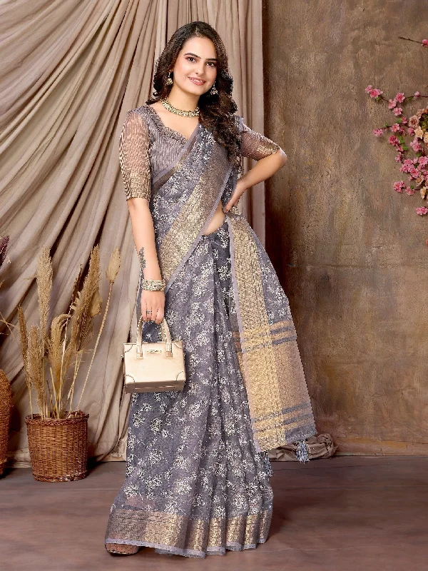 NOZ2TOZ Women's Party Wear Foil Print Khadi Silk Saree With Unstitched Blouse - Purple Off-Shoulder Wrap Blouse NOZ2TOZ Women's Party Wear Foil Print Khadi Silk Saree With Unstitched Blouse - Purple Off-Shoulder Wrap Blouse