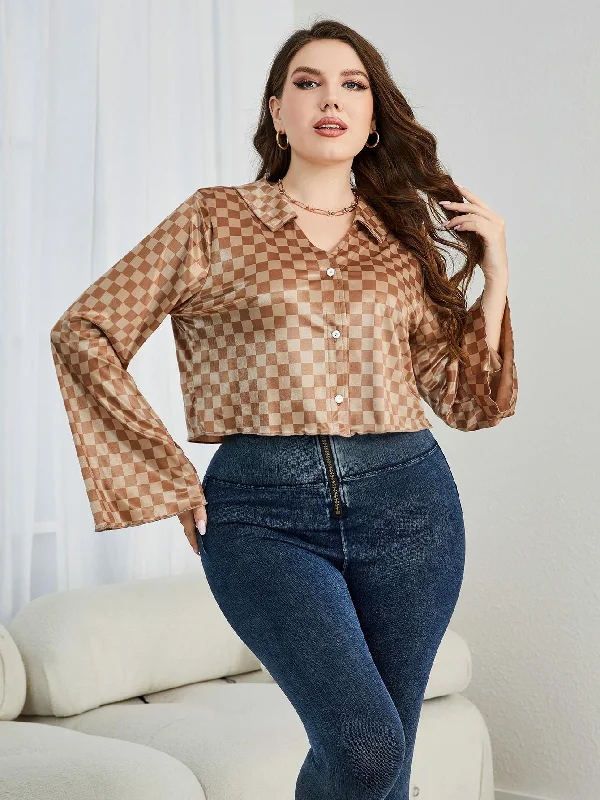 Lotus Plus Size Checkered Johnny Collar Flare Sleeve Shirt-- Seamless Knitted Crochet Lotus Plus Size Checkered Johnny Collar Flare Sleeve Shirt-- Seamless Knitted Crochet