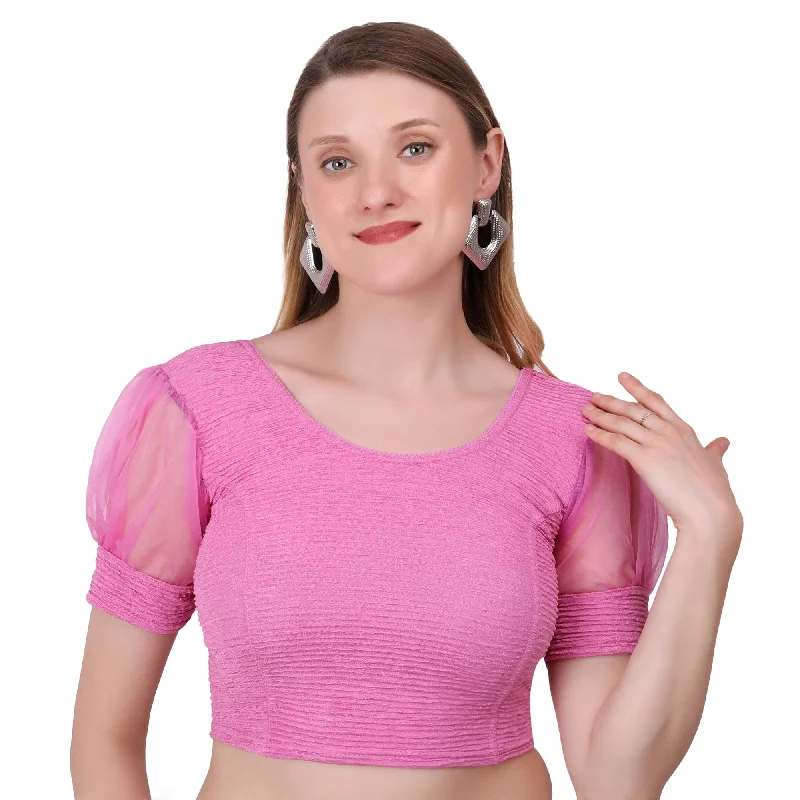 Vamika Cotton Lycra Stretchable Fabric Pink Balloon Sleeves Blouse High Neck Blouse