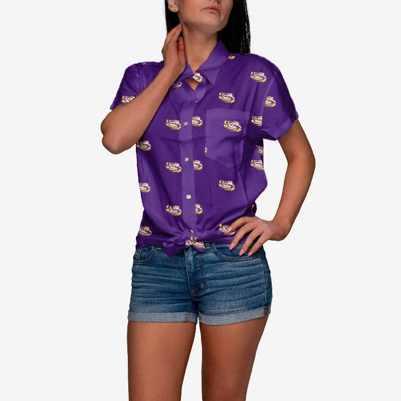 LSU Tigers Logo Blast Womens Button Up Shirt-- Ribbed T-Shirt High Neck Heavyweight