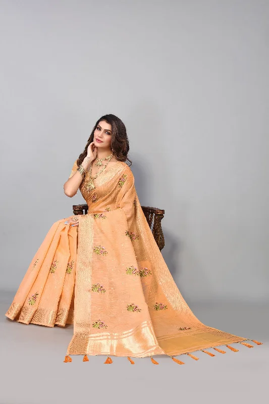 NOZ2TOZ Women's Party Wear Full Embroidery Worked Cotton Silk Saree With Unstitched Blouse - Peach Modern Work Blouse NOZ2TOZ Women's Party Wear Full Embroidery Worked Cotton Silk Saree With Unstitched Blouse - Peach Modern Work Blouse