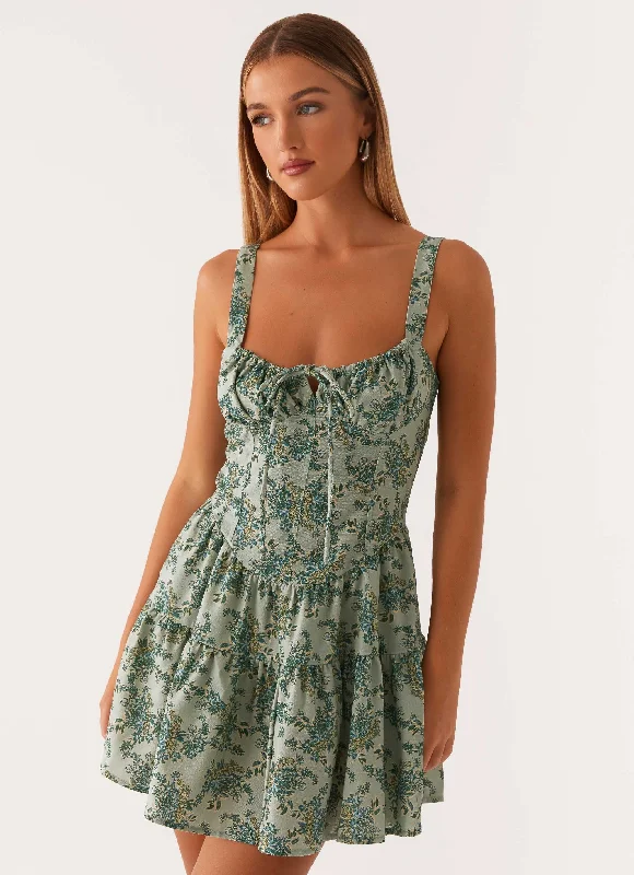 Lucie Linen Mini Dress - Cloud Nine Floral Comfortable Ruffle Mini Dress