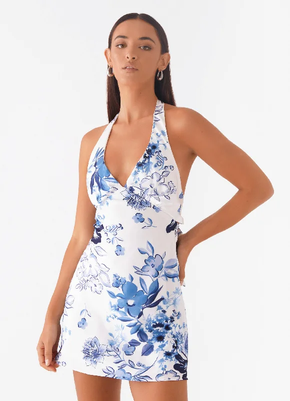 Heavy Hearted Mini Dress - Serene Sky Print Comfortable Wrap Mini Dress