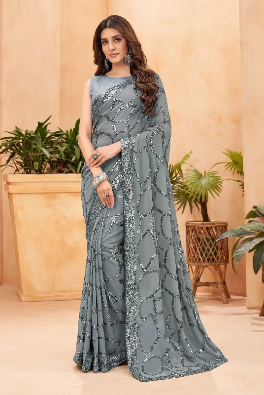 Sonakshi Women's Grey Faux Blooming Sequins Work Designer Saree with Blouse Ruffled Neck Blouse Sonakshi Women's Grey Faux Blooming Sequins Work Designer Saree with Blouse Ruffled Neck Blouse