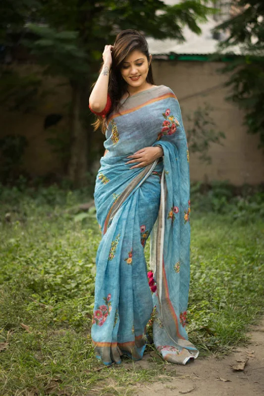Sonakshi Blue Digital Printed Munnar Slub Designer Saree with Blouse Feminine Ruffle Blouse Sonakshi Blue Digital Printed Munnar Slub Designer Saree with Blouse Feminine Ruffle Blouse