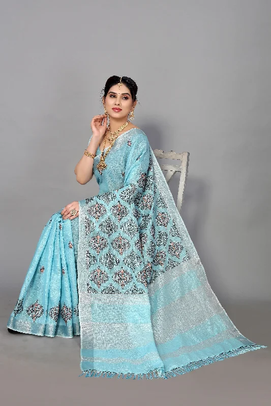 NOZ2TOZ Women's Party Wear Full Embroidery Worked Cotton Silk Saree With Unstitched Blouse - Sky Blue Chic Sleeveless Blouse NOZ2TOZ Women's Party Wear Full Embroidery Worked Cotton Silk Saree With Unstitched Blouse - Sky Blue Chic Sleeveless Blouse