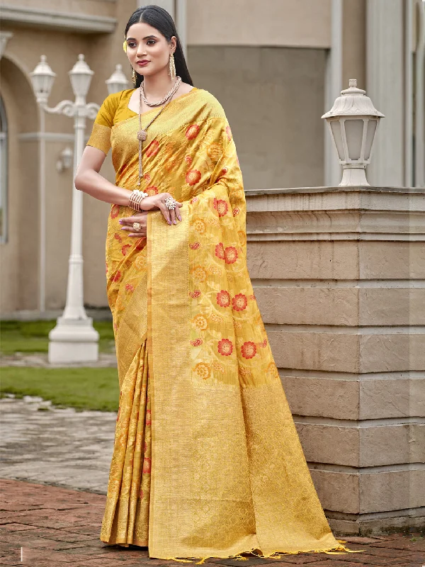 Women Yellow Organza Saree With Un Stitched Blouse - Aanika Textured Cotton Blouse