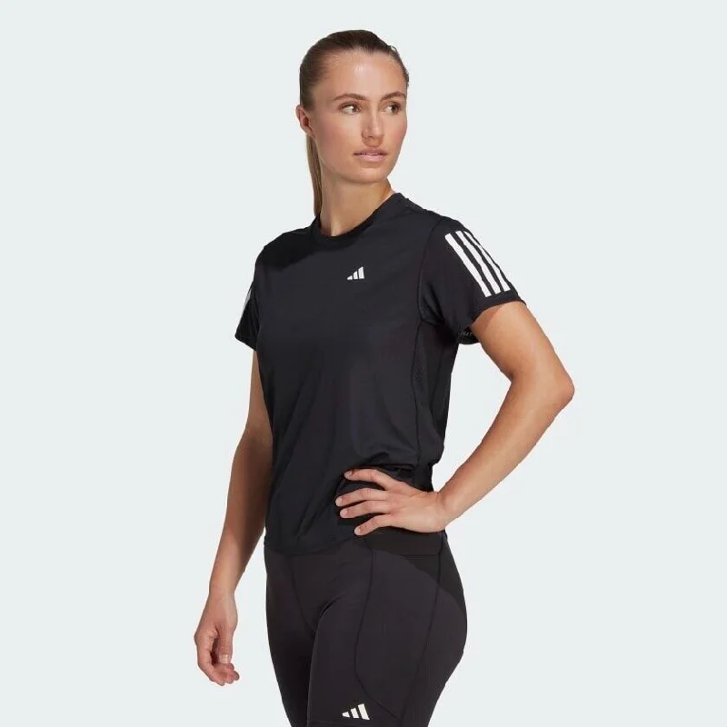 adidas Own The Run Womens Running T-Shirt Black Breathable Top Aeroready-- Ribbed Striped Patterned