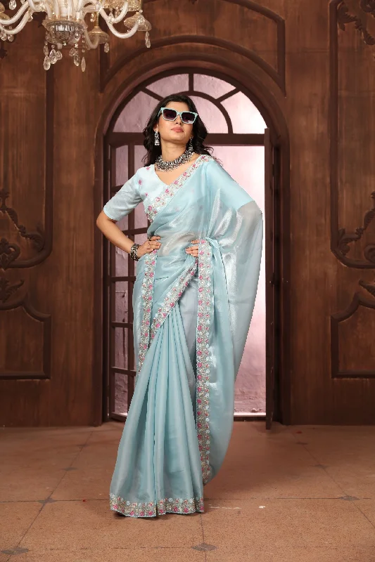 NOZ2TOZ Women's Party Wear Double Sequence Embroidery Worked Jimmy Choo Silk Saree With Unstitched Blouse - Sky Blue Mandarin Collar Blouse NOZ2TOZ Women's Party Wear Double Sequence Embroidery Worked Jimmy Choo Silk Saree With Unstitched Blouse - Sky Blue Mandarin Collar Blouse
