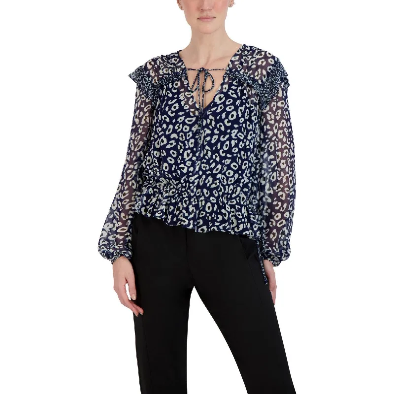 Womens Leopard Ruffled Blouse Soft Pastel Blouse