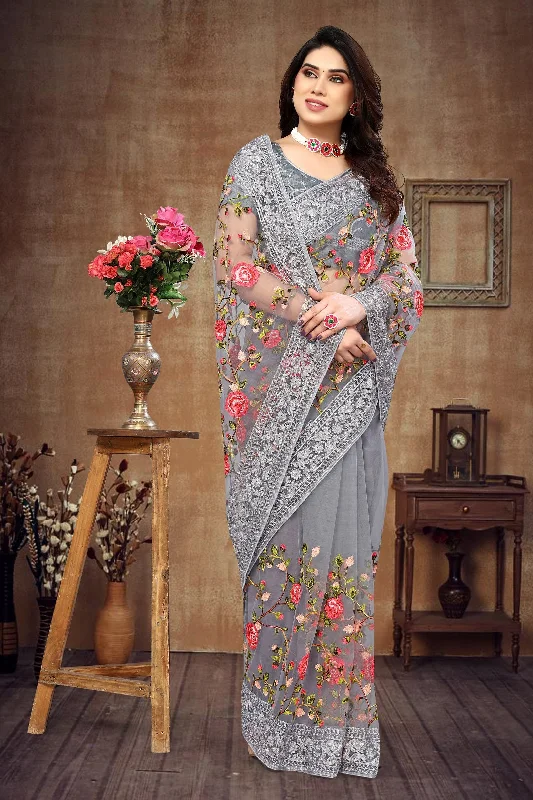 NOZ2TOZ Women's Party Wear Embroidery Worked Soft Net Saree With Unstitched Blouse - Grey Vintage Polka Blouse NOZ2TOZ Women's Party Wear Embroidery Worked Soft Net Saree With Unstitched Blouse - Grey Vintage Polka Blouse