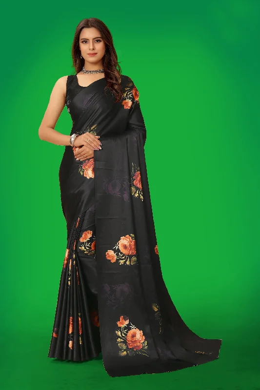 Sonakshi Women's Multicolor Pure Japan Satin Digital Printed Designer Saree with Blouse Vintage Polka Blouse